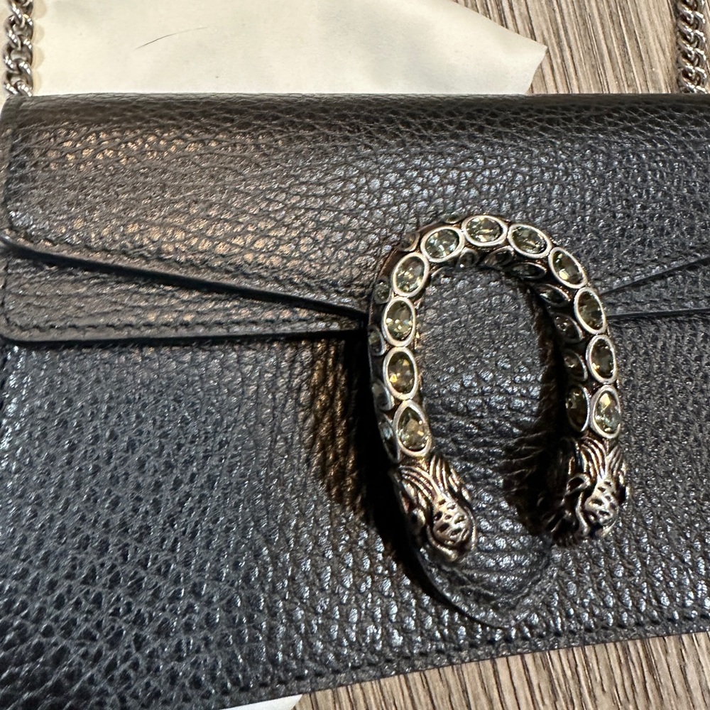 100% AUTH GUCCI Dionysus super mini textured calf leather shoulder bag black - Picture 15 of 15